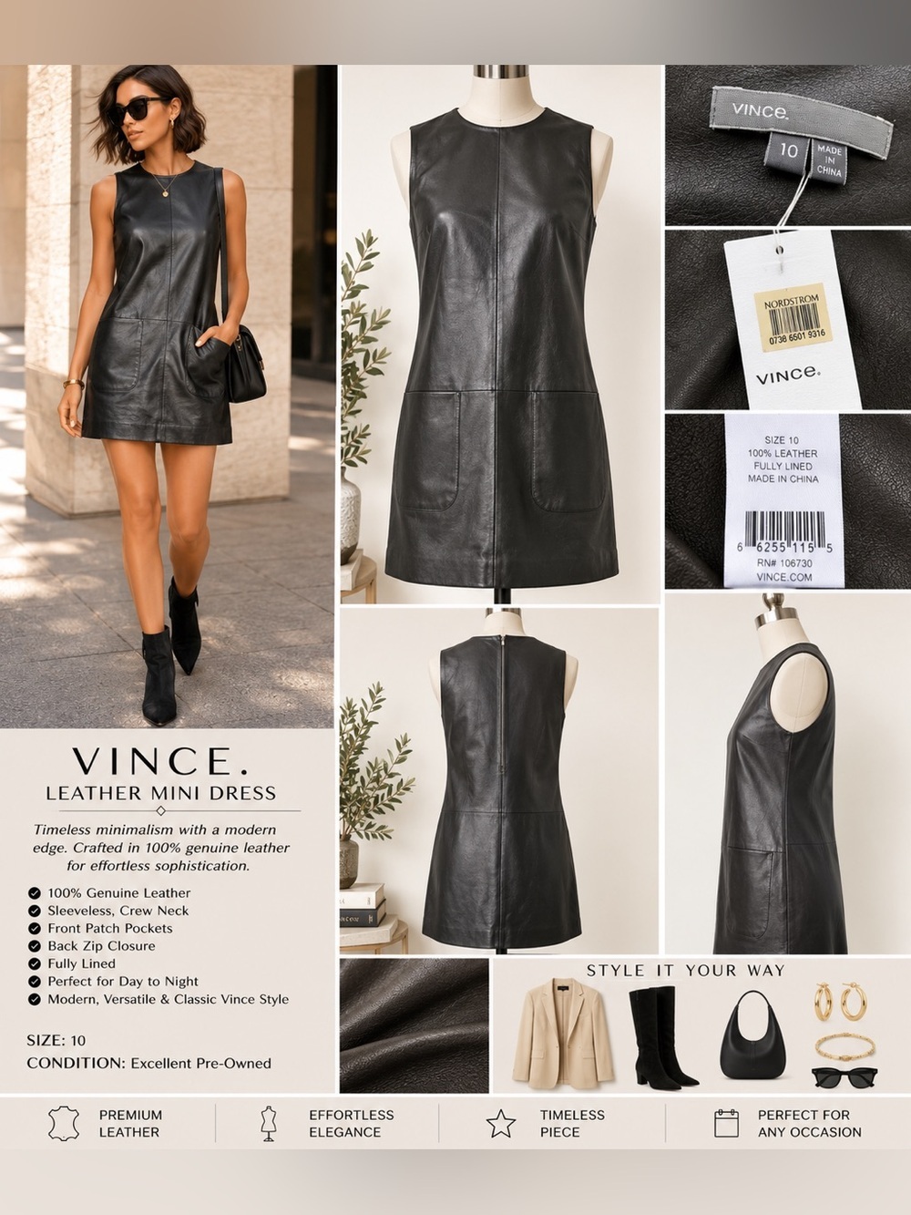 Vince Dark Brown Leather Shift Dress Size 10 | Minimalist Designer Moto Style